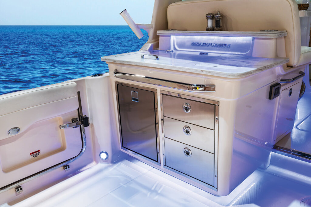 Cockpit wet bar on the Grady-White Freedom 345