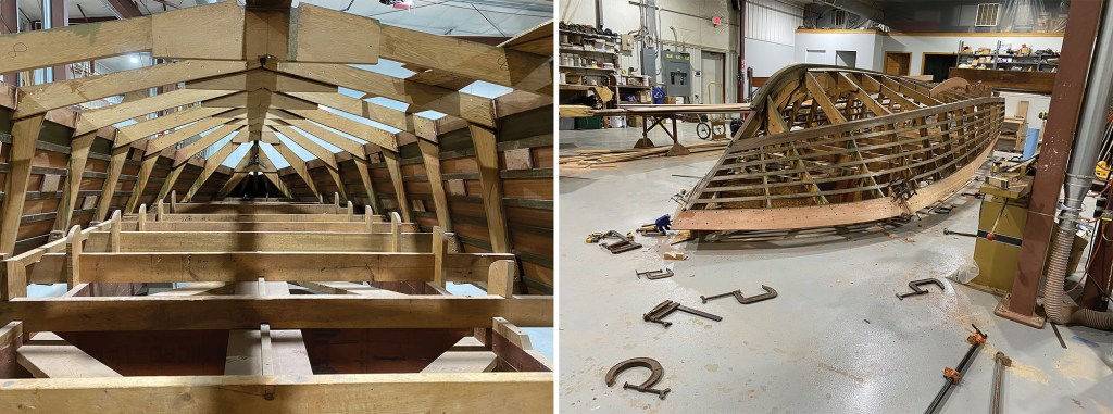 A split-screen view showing the interior wooden framework and exterior hull construction of a custom wooden boat in a workshop.