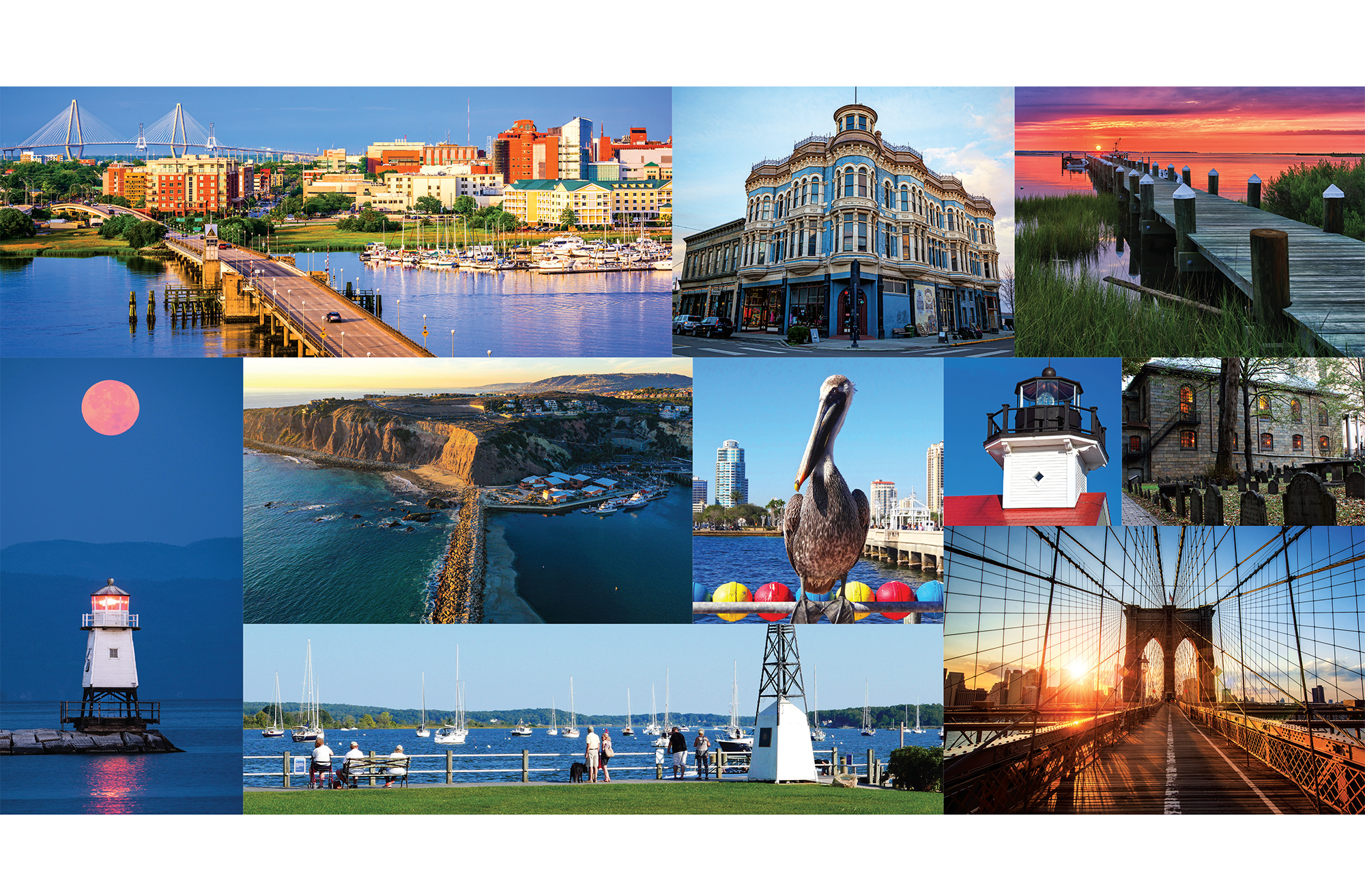 A photo collage featuring nine different coastal and harbor scenes, including city skylines, historic Victorian architecture, lighthouses, a pelican perched on a dock, the Brooklyn Bridge at sunset, sailboats in a marina, and scenic coastal cliffs.