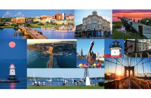 A photo collage featuring nine different coastal and harbor scenes, including city skylines, historic Victorian architecture, lighthouses, a pelican perched on a dock, the Brooklyn Bridge at sunset, sailboats in a marina, and scenic coastal cliffs.
