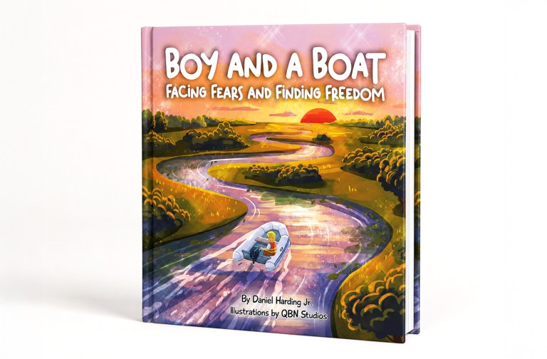 The front cover of the children's book titled "Boy and a Boat: Facing Fears and Finding Freedom", written by Daniel Harding Jr. and illustrated by QBN Studios. The cover art features an illustrated scene of a young boy in a life jacket driving a small white dinghy down a winding river toward a bright red setting sun, surrounded by lush green shoreline trees.