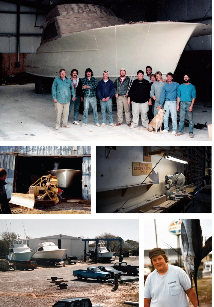 A photo collage showing early Jarrett Bay Boatworks history, featuring the boatbuilding crew lined up in front of a hull with a dog, a bulldozer pulling a boat out of a shed, a woodworking bench with a "Finish Carpenters Only" sign, an early boatyard with pickup trucks, and a young Randy Ramsey posed with a landed billfish.