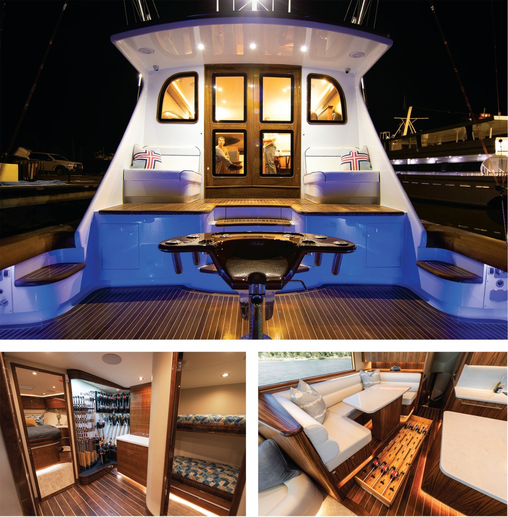 A collage showcasing the luxurious interior and exterior details of a custom Jarrett Bay sportfishing yacht, including a brightly lit cockpit with a central fighting chair at night, lower deck guest bunk rooms with custom fishing rod storage, and a main deck salon with custom wood finishes, leather seating, and under-sofa rod drawers.