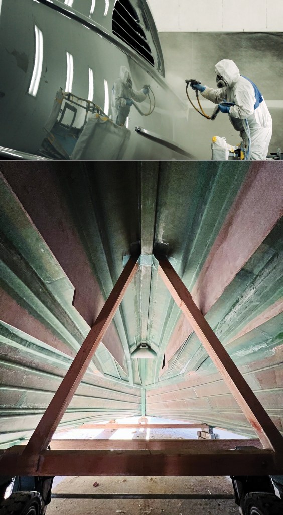A two-panel image showing a painter in a full protective suit spray-finishing a dark glossy yacht hull at top, and the inner framing and wooden strongback support structure inside an inverted boat hull under construction at bottom.