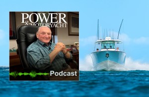 A composite promotional image featuring a headshot overlay of Eddie Smith seated in an office alongside Power & Motoryacht Podcast branding, set against a background of a light blue Grady-White center console boat cruising at speed across open ocean water.