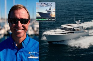 A split-screen composite image featuring a smiling man in sunglasses wearing a Mikelson Yachts shirt on the left, next to a white Mikelson sportfisher yacht running at speed in open water with a Power & Motoryacht Podcast graphic overlaid.