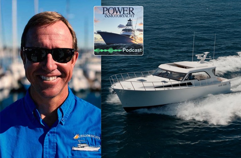 A split-screen composite image featuring a smiling man in sunglasses wearing a Mikelson Yachts shirt on the left, next to a white Mikelson sportfisher yacht running at speed in open water with a Power & Motoryacht Podcast graphic overlaid.