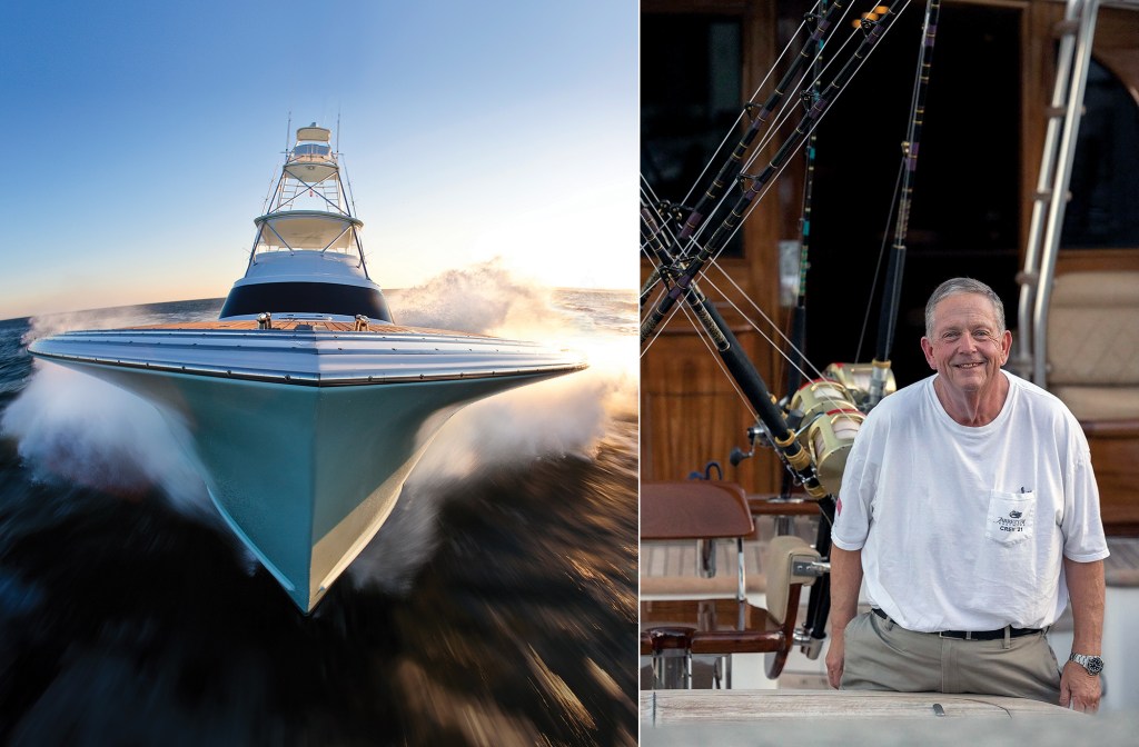 feat-Randy-Ramsey A split image showing a custom Jarrett Bay sportfishing boat powering through open water on the left, paired with a portrait of founder Randy Ramsey smiling on the teak cockpit of a yacht on the right.