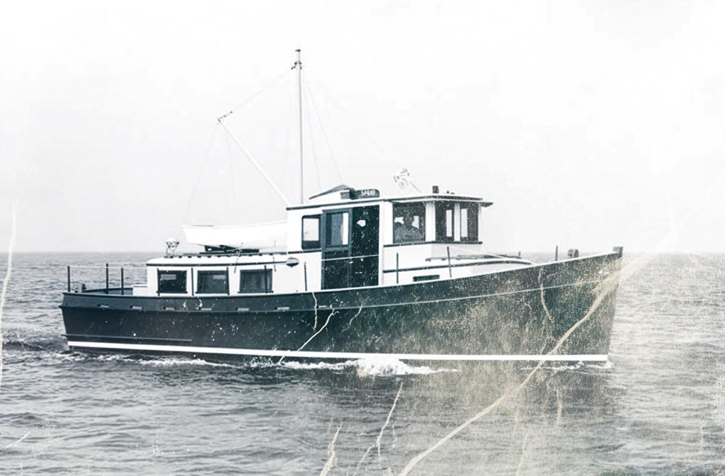 Weathered vintage paper with worn and scratches, grunge vintage A black-and-white archival photograph showing Spray, the wooden prototype 36-foot trawler built by American Marine, underway on open water.