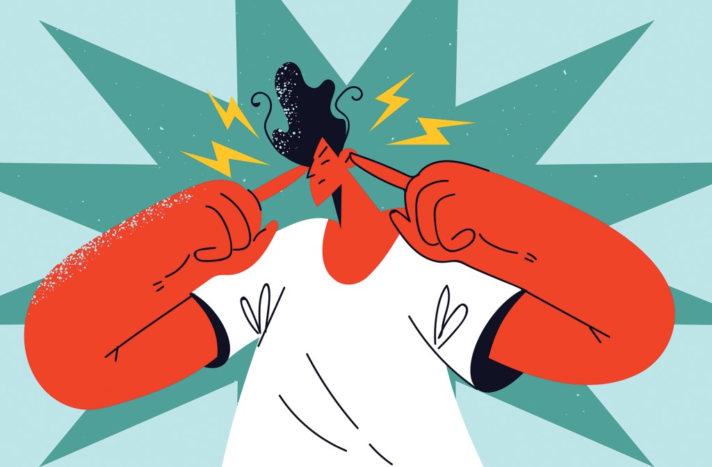 A stylized graphic illustration of a person pressing their index fingers into their ears with lightning bolts around their head, representing sensory overload or blocking out loud noise.