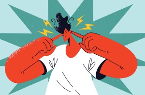A stylized graphic illustration of a person pressing their index fingers into their ears with lightning bolts around their head, representing sensory overload or blocking out loud noise.