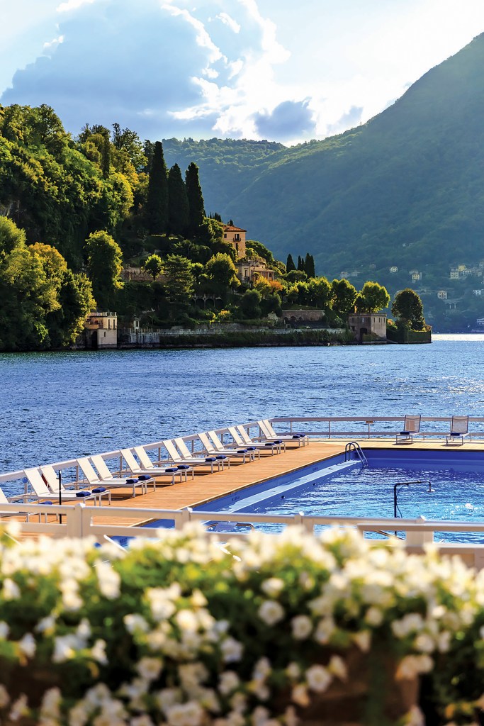 The iconically famous floating swimming pool on Lake Como at the luxury hotel Villa d'Este in Cernobbio.