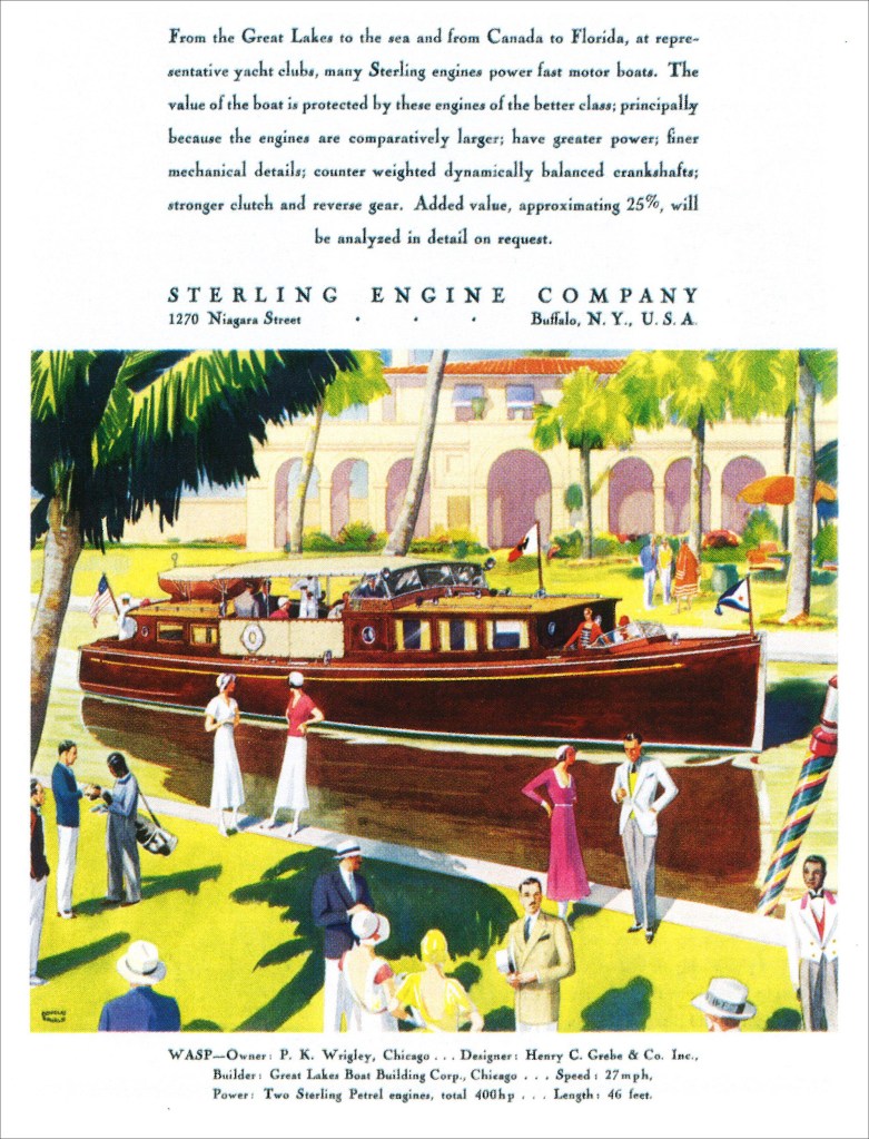 A full vintage print advertisement for the Sterling Engine Company featuring a colorful 1920s illustration of the motor yacht Wasp docked at a waterfront estate, accompanied by promotional copy and vessel specifications.