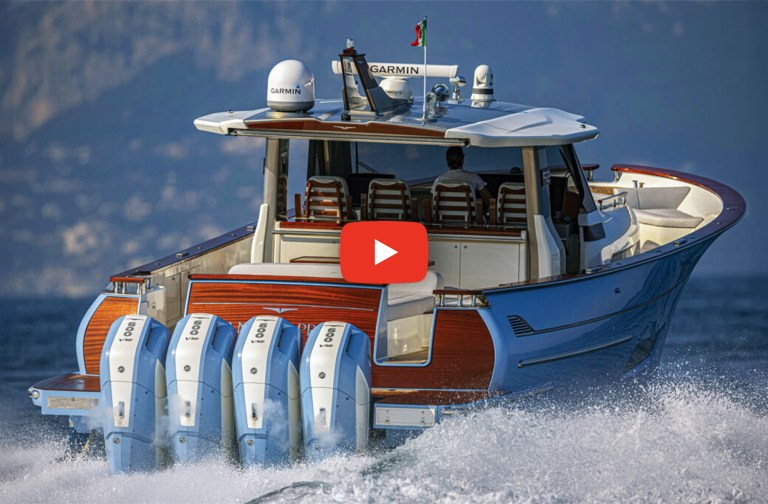feat-Lancia Aprea 42 and 52 Stern shot of a Lancia Aprea 52 with quad outboards.
