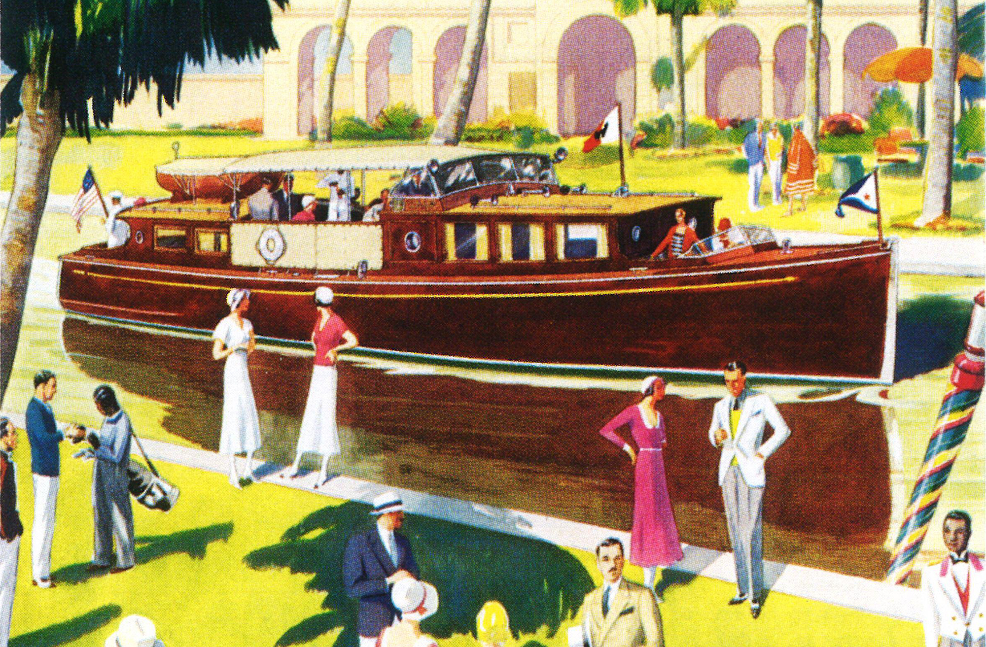 A vintage 1920s illustration of a mahogany motor yacht docked near a manicured lawn, with stylishly dressed figures in period attire standing along the waterfront.