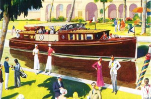 A vintage 1920s illustration of a mahogany motor yacht docked near a manicured lawn, with stylishly dressed figures in period attire standing along the waterfront.