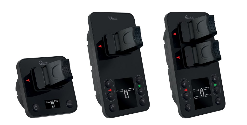 Three black Quick Pacific series control panels featuring ergonomic joystick levers and digital displays for boat maneuvering.