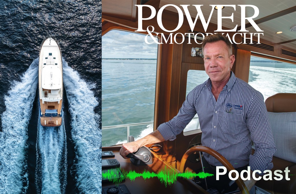 feat-Chris-DiMillo-pod Chris DiMillo at the helm of a motor yacht beside an aerial view of a boat cruising on open water, featured in a Power & Motor Yacht podcast Graphic.