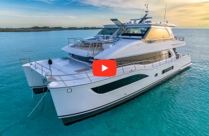 Horizon PC68A power catamaran on a mooring in blue water
