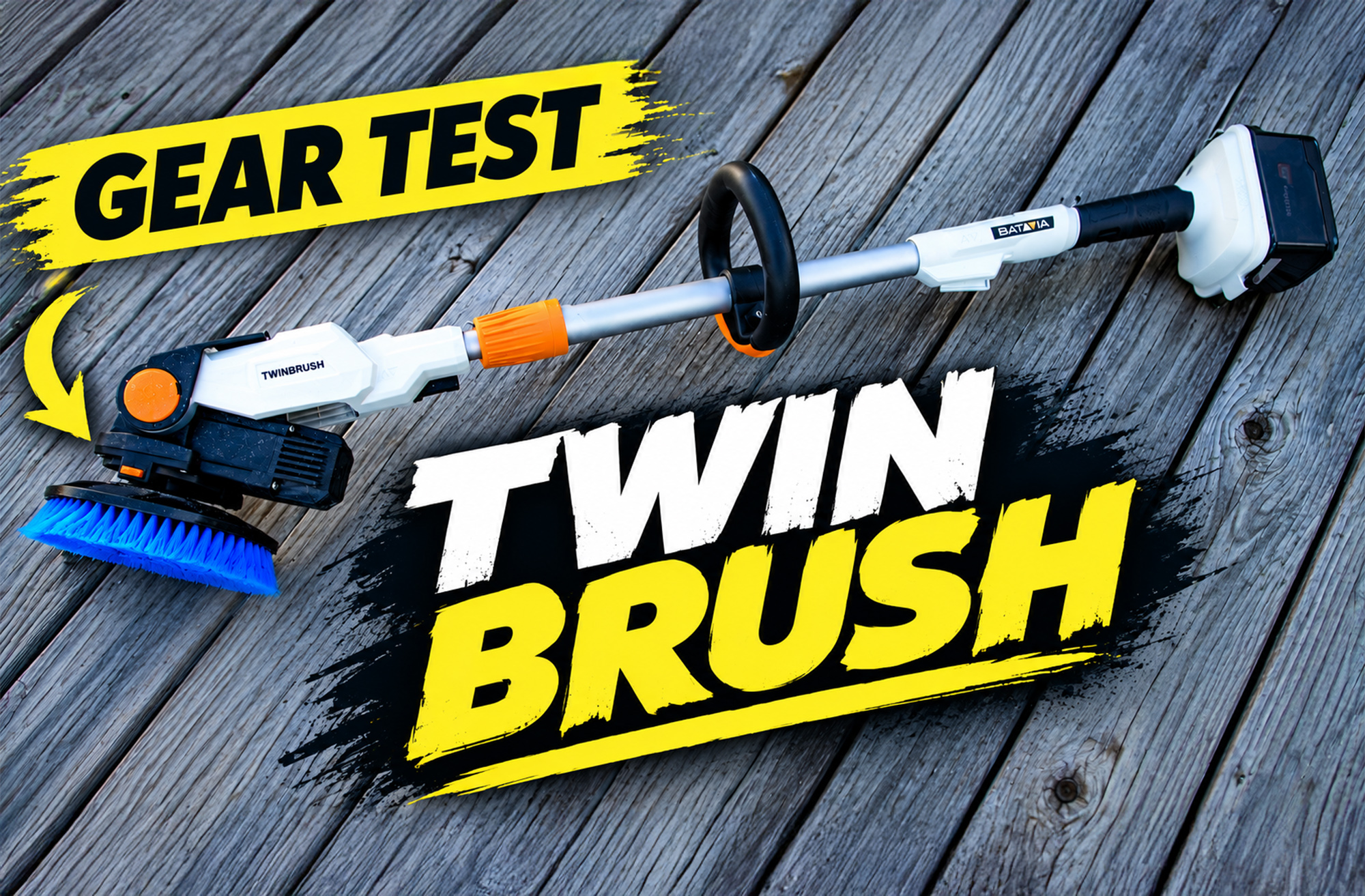 A power scrubber tool with blue bristles resting on a wooden deck, labeled with Gear Test and Twin Brush graphic text.