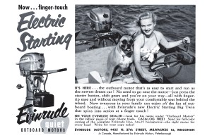 A vintage advertisement for Evinrude Quiet Outboard Motors featuring a woman press-button starting a boat while seated beside a boxer dog.