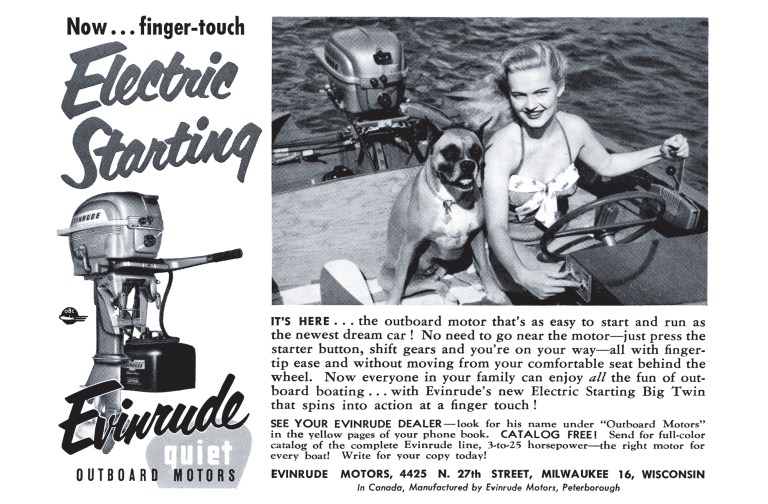 advertisement 1950s Evinrude outboard motors advert in American magazine circa 1954 A vintage advertisement for Evinrude Quiet Outboard Motors featuring a woman press-button starting a boat while seated beside a boxer dog.