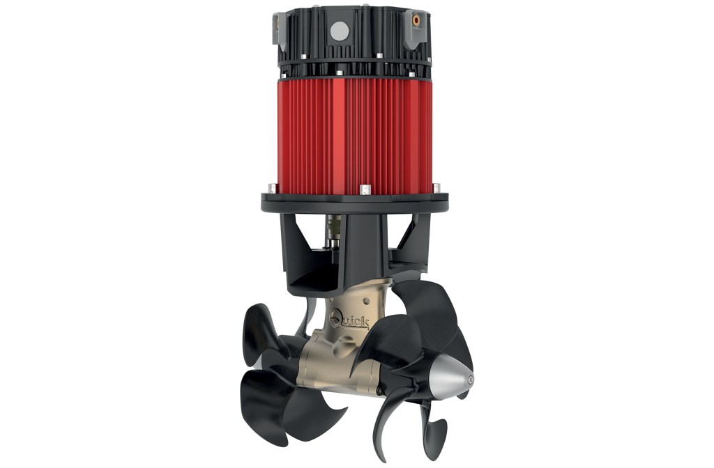 A Quick QSY electric thruster unit featuring a red synchronous motor housing and twin counter-rotating propellers.