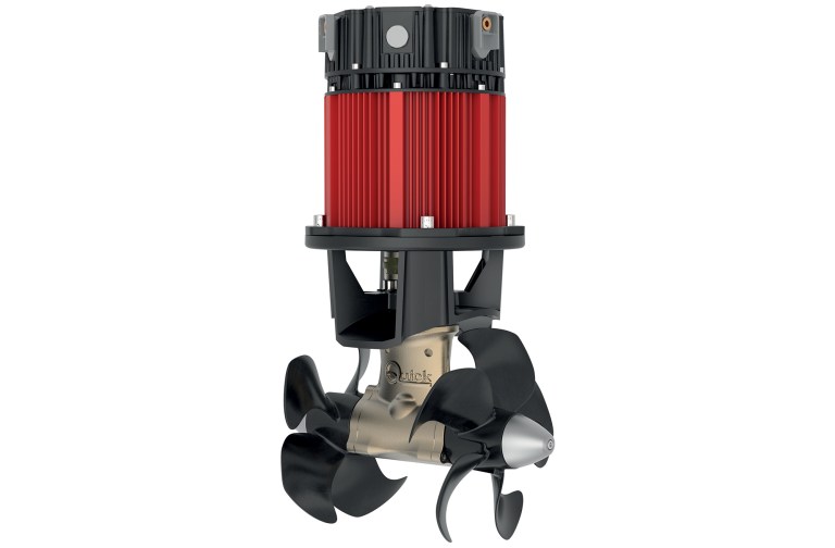 feat_BT_QSY_250_140 A Quick QSY electric thruster unit featuring a red synchronous motor housing and twin counter-rotating propellers.