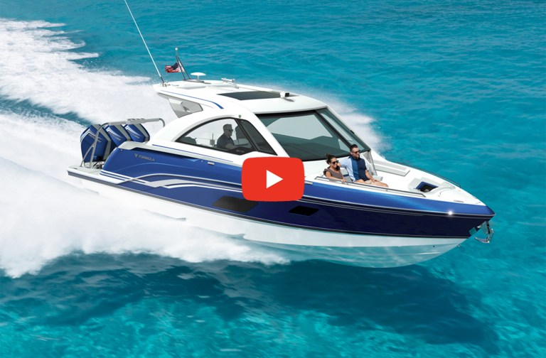 feat_Formula 360 SSC Blue and white Formula 380 Super Sport Crossover (SSC) cruising at high speed across turquoise water with passengers onboard and a centered video play button overlay.