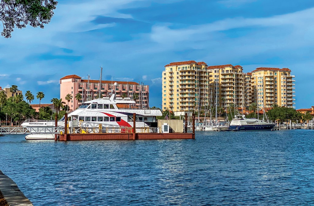 A white passenger ferry docked in a marina along the St. Petersburg, Florida waterfront with high-rise buildings and palm trees in the background.