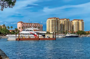 A white passenger ferry docked in a marina along the St. Petersburg, Florida waterfront with high-rise buildings and palm trees in the background.